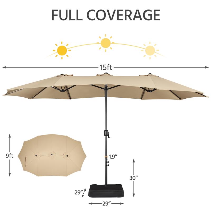 Yaheetech 15/13ft Heavy Duty Canopy Double Layer Cloth Patio Umbrella with 12 Ribs Hand Crank for Easy Opening 2 Sandbags Outdoor Design for Garden Pool and Lawn