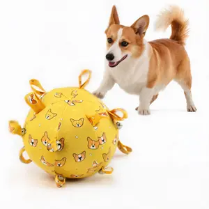 Soft Squeaky Dog Ball with Bell & Grab Tabs - Durable Plush Corgi Print Toy for Teething Puppies, Boredom Busting Interactive Play Ball for Small & Medium Dogs