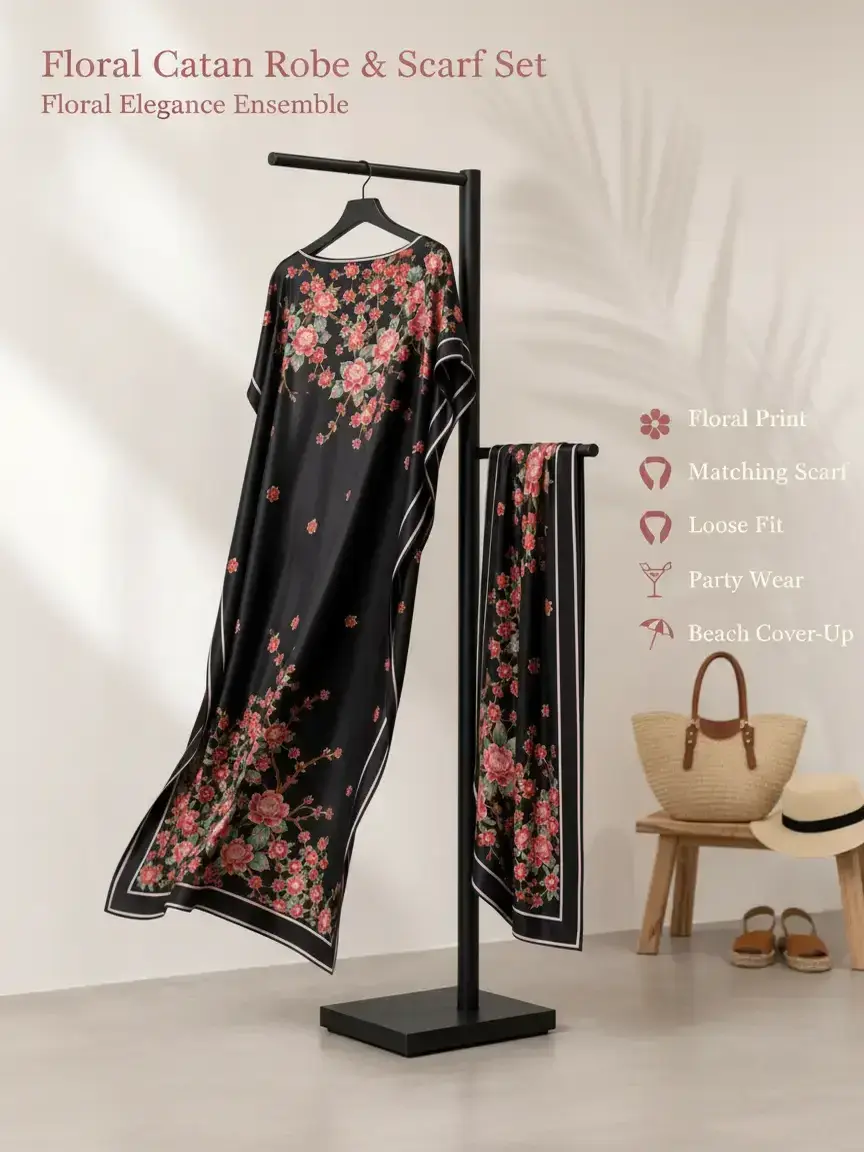 MuuMuu Muse Women's 2-Piece Feminine Fit Floral Print Dress & Matching Scarf Set, Loose Drape Caftan Robe, Comfortable Casual Party Beach Cover Up, Flower, Printed, Statement, Women's Clothes, Two Piece Set