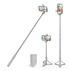 REQO Selfie Stick Tripod,3 in 1 Extendable 360° Rotation Tripod Stand with Detachable Wireless Remote Portable Mobile Phone Holder Compatible with Iphone,Android,Samsung (White+Light)