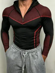 Men's High Elastic Quick-Dry Hooded Fitness Long Sleeve, Mesh Patch Half-Zip Design, Breathable Sweat-Wicking, Sporty Style, All Seasons