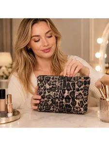 Soft Quilted Leopard Makeup Bag for Women, Puffy Animal Print Cosmetic Pouch with Smooth Zipper, Portable Travel Organizer for Skin Care, Lipstick, Makeup Brushes, Nail Supplies, Earbuds, Charger, Cards and Keys, Stylish Clutch Bag for Daily Use, Vacation