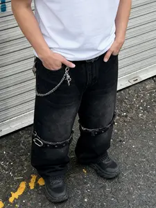 Four Seasons Men's Functional Style Black Loose Wide-Leg Jeans, No Elastic Vintage Distressed Rivet Leather Chain Decorations, Street Style with Strong Personality, Versatile Jeans