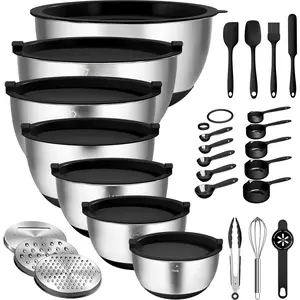 Mixing Bowls with Airtight , 27 count Stainless Steel Nesting Bowls, with 3 Grater Attachments, Scale Mark & Non-Slip Bottom, Size 5, 4, 3, 2, 1.5, 1, 0.63QT, Ideal for Mixing & Prepping