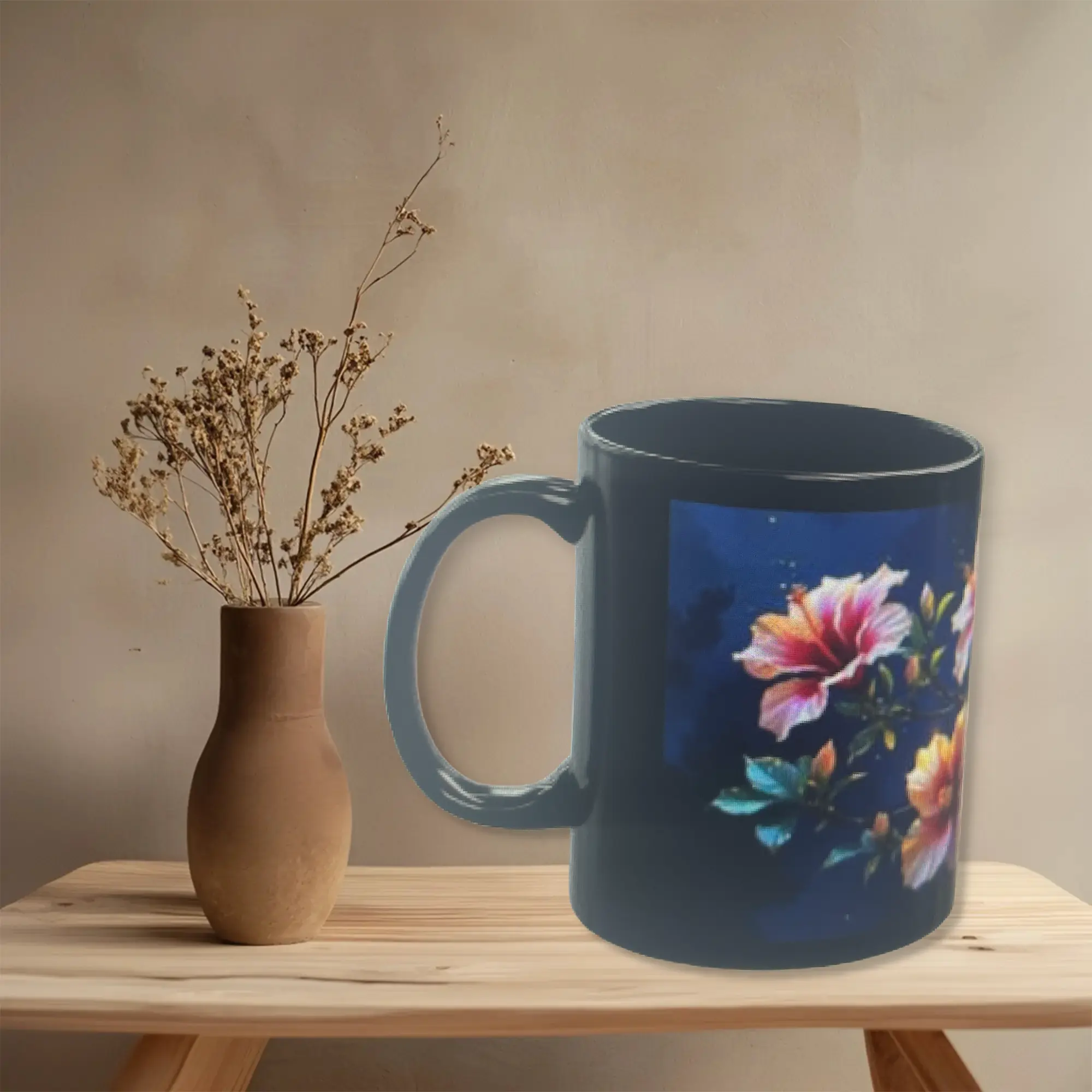 Floral Black Mug with Vibrant Bloss Aesthetic Ceramic Reusable Tumbler Cup for Coffee Drinkware 11 oz Microwave & Dishwasher Safe