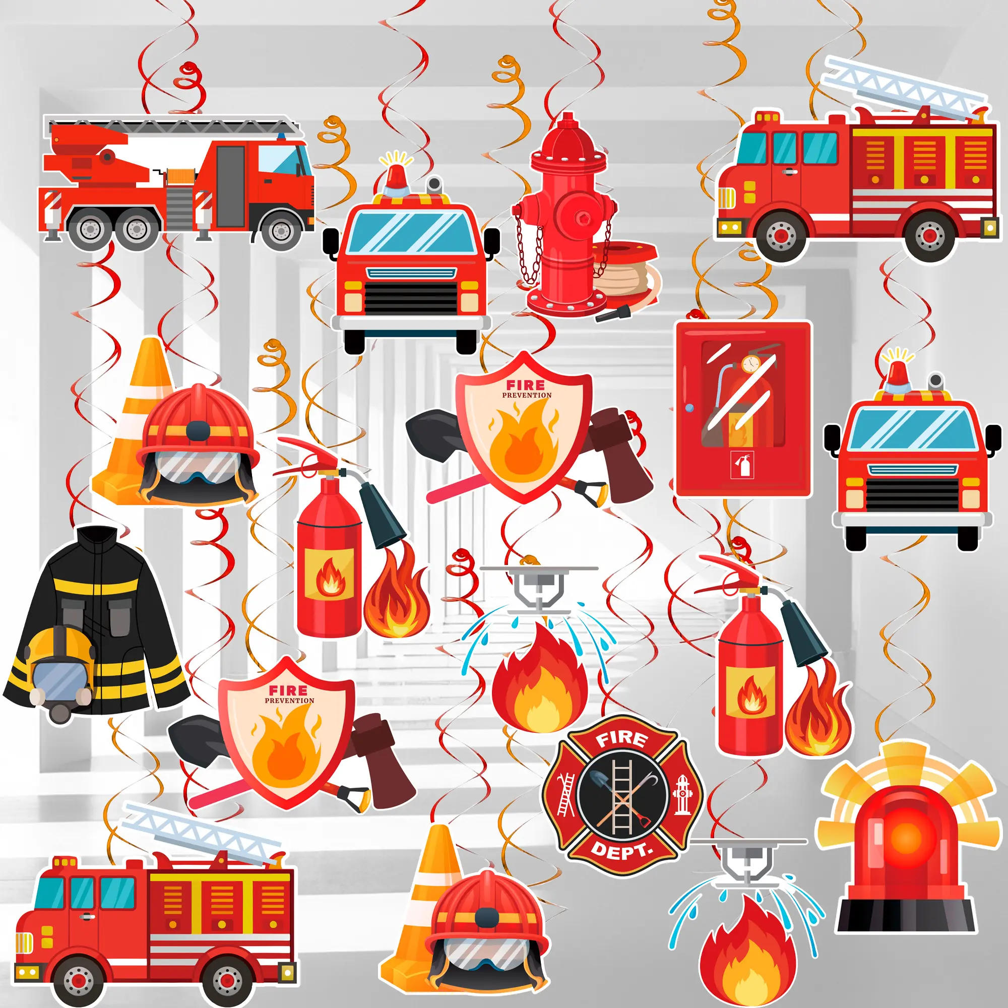 Fire Truck Hanging Swirls, Firetruck Birthday Decorations Set - Fire Truck Hanging Swirl Decorations, Firefighter Hanging Swirl & Fire Engine Rescue Hanging Swirls for Fireman Theme Party Baby Shower