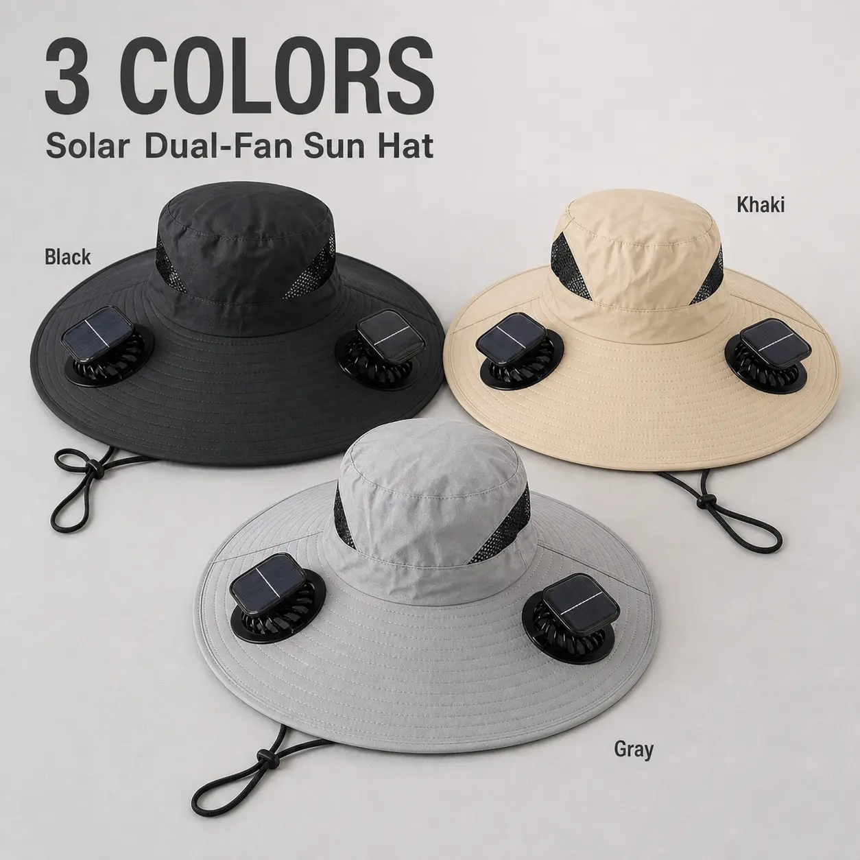 Solar Powered Fan Hat, Wide Brim Outdoor Fishing Hat with Dual Cooling Fans, USB Rechargeable 3 Speed Airflow, UPF 50+ Sun Protection Bucket Hat for Men Women, Lightweight Summer Cooling Hat for Beach, Hiking, Camping, Gardening and Outdoor Work