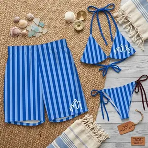 Blue Striped Matching Mr And Mrs Swimsuits Couple Beachwear Set Vertical Stripe Bikini And Trunks Honeymoon Anniversary Gift Idea Him Her
