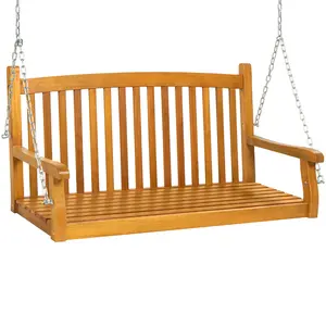Best Choice Products 48in Wooden Curved Back Hanging Porch Swing Bench for Patio, Deck w/ Mounting Chains