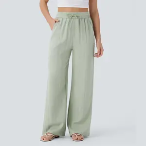 High Waisted Drawstring Pocket Wide Leg Casual Linen-Feel Pants