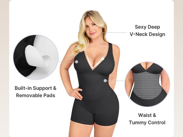 SHAPELLX  Deep V Sculpt Bodycon Stretch Shorts Jumpsuit Romper Tummy Control Boyleg Bodysuit