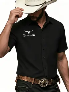Western Cowboy Style Men's Short Sleeve Shirt, Bull Skull Cross Arrow Print, Vintage Collar Casual Blouse, Business Light Luxury Open Front, Casual Printed