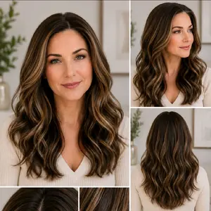 New Release Jonesy Z1315409 Mocha Highlights. Rich brunette tones meet soft ash highlights in this stunning.  13x4 swiss lace, 120 density, bio futura fibers, 350 heat tolerance.  Free gift with purchase must be returned for full refund.