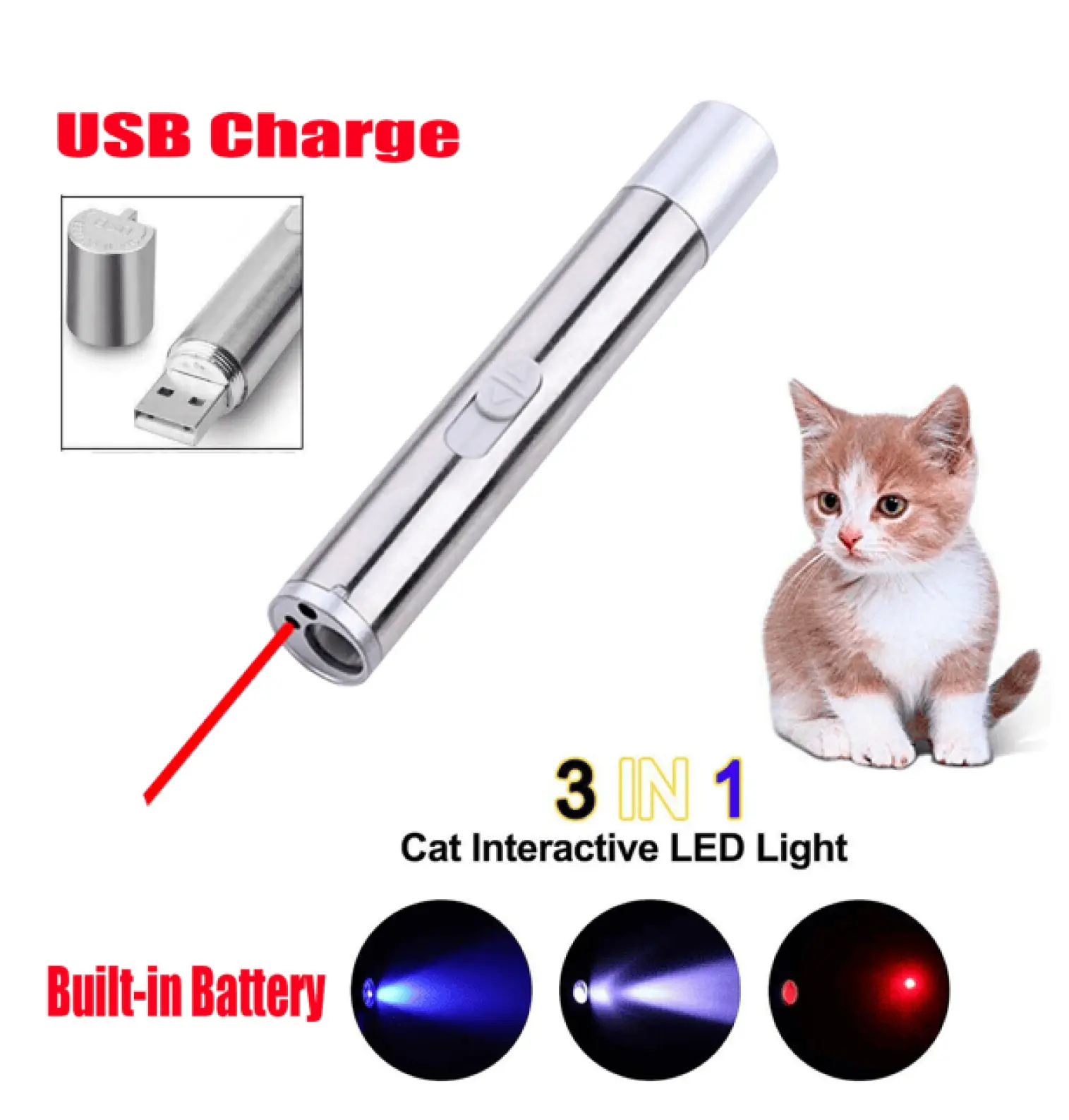 3-in-1 Compact Pet Laser Toy - USB Rechargeable Red Laser Pointer, Built-in UV Light Counterfeit Money Detector, Mini Flashlight, Stainless Steel Components, 270~280mA Lithium Battery for Cats to Encourage Active Interactive Play, Encourages Active Play,