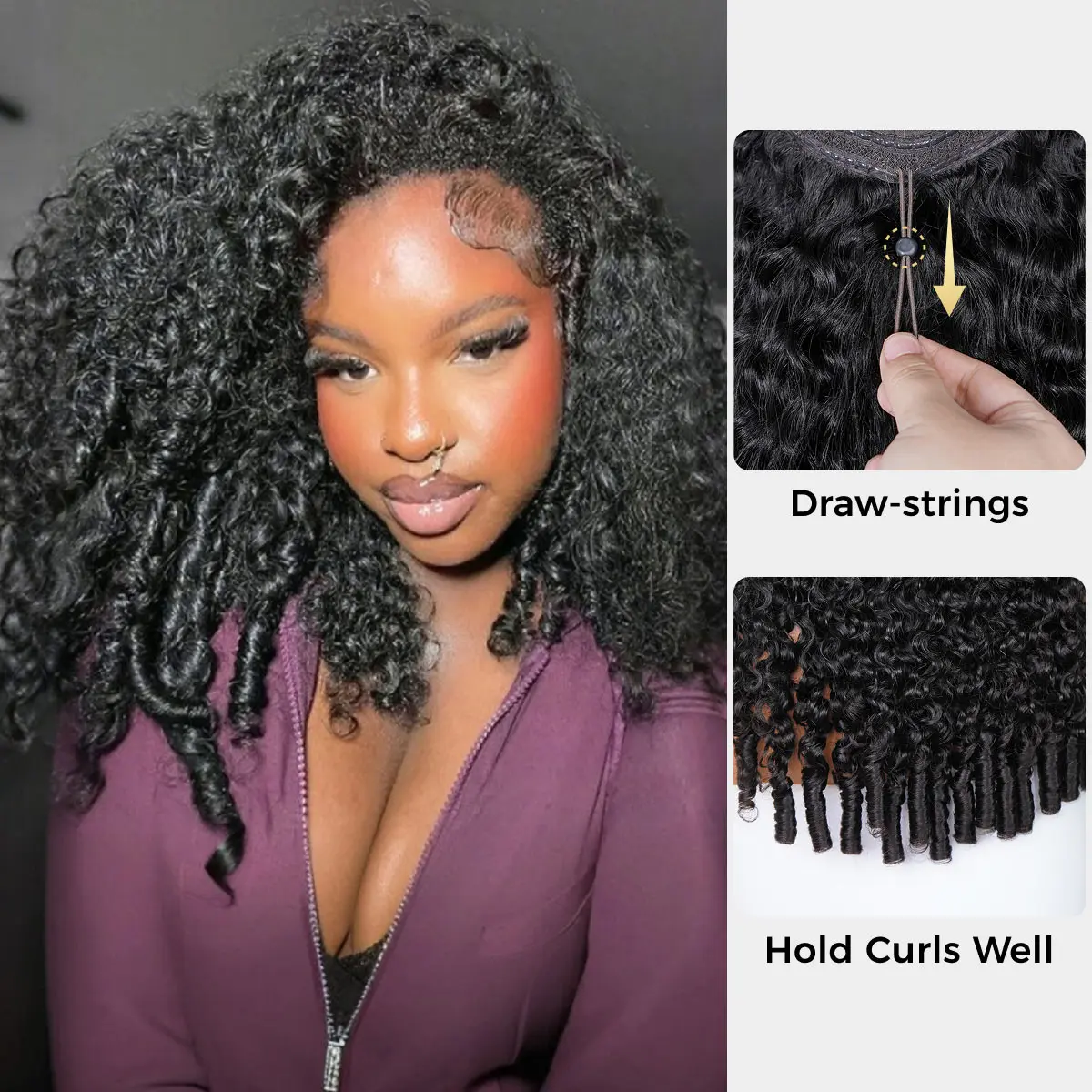 OQ HAIR Burmese Curly 280% Density 3 IN 1 Half Wig With Drawstring No Glue No Lace Wear Go Glueless Wig With Invisible Hairline Various Styles