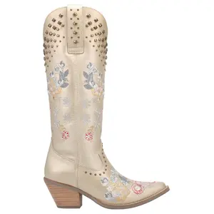 Dingo Womens Poppy Floral Embroidered Metallic Studded Snip Toe  Casual Boots Knee High Mid Heel 2-3" - Gold