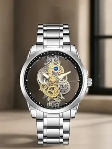 A men's silver alloy strap with personalized circular double-sided hollow out Korean version business and leisure night light waterproof quartz watch Luminous Analog Watch