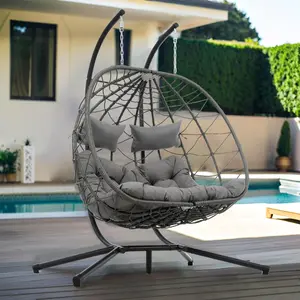Double Egg Chair with Stand Indoor Outdoor, 2-Person Swing Hammock Egg Chair with Waterproof Cushion&Headrest for Bedroom,Balcony,Porch,Garden for Bedroom Living Room Balcony, Load capacity: 700 pounds