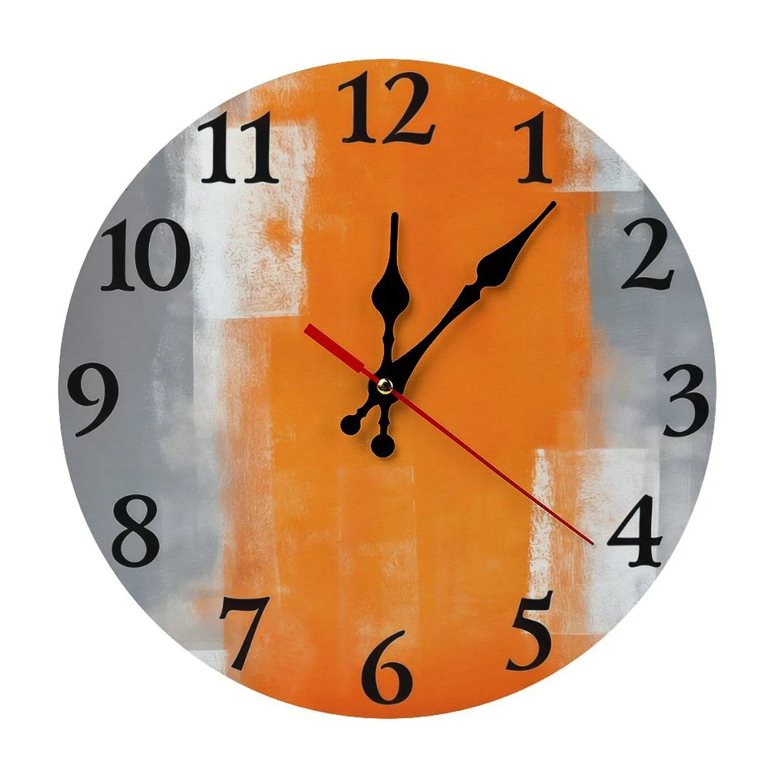 Frameless Round Hanging Wooden Wall Clock - Silent Non-Ticking, 10/12 in, Bold Orange-Grey Abstract Art, Battery-Operated (Battery Not Included), Room Decor, Great Gift for Homeowners, Ideal for Living Room