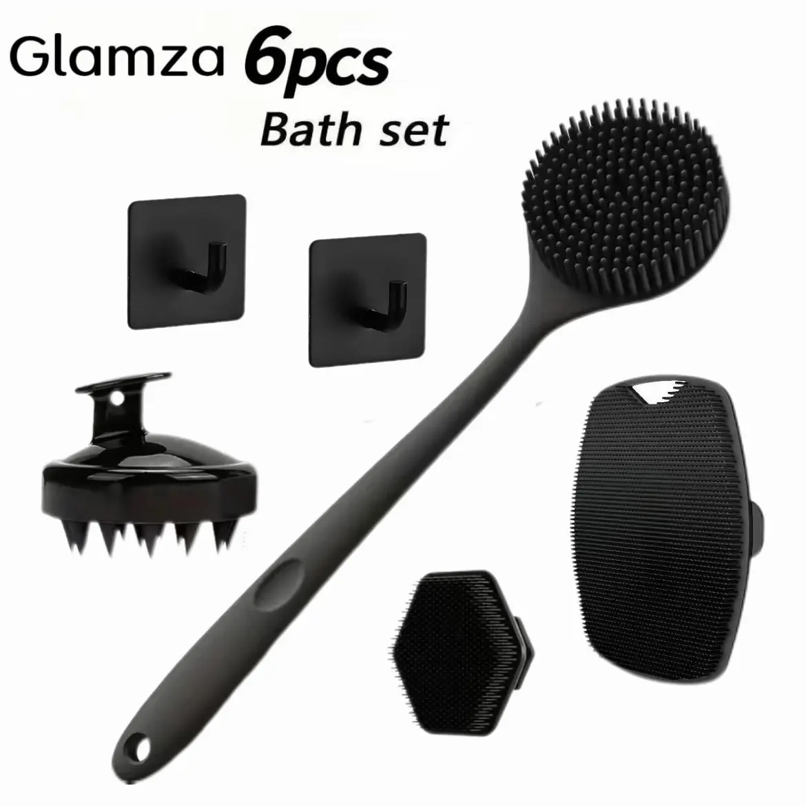 Glamza 6PCS Shower Brush Set, Frosted Long-Handle Full-Body Care Tool with Silicone Soft Bristles, Non-Slip Grip Exfoliation Scrubber for Back Massage, Lymphatic Drainage Brushing & Skin Cleansing