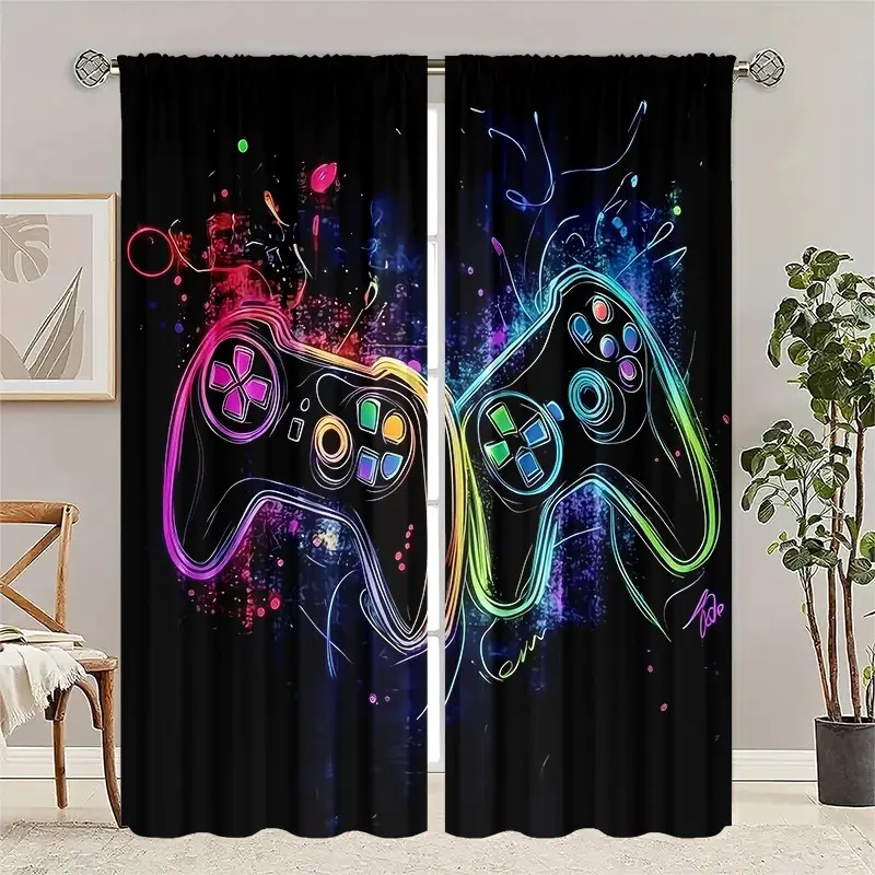 2-piece neon game controller, printed semi-transparent window curtains, Curtain Panels, Window Hanging, suitable for teenage game rooms, e-sports bedrooms, children's rooms, theme guesthouses, trendy living rooms, etc. Easy to clean.