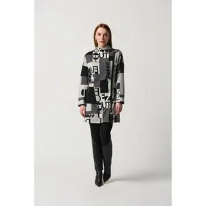 Joseph Ribkoff Wording Print Jacquard Knit Coat With Stand Collar