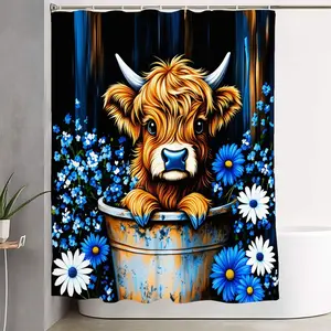 1/4pcs Charming Baby Highland Cow Farmhouse Bathroom Decor Set with Vibrant Floral Artwork, Cozy Rustic Shower Curtain, Matching Bath Mats, and Toilet Lid Cover - Perfect for Autumn & Winter Home Renovation, Bathroom Decoration Accessories