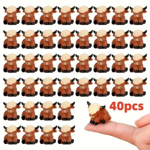 40-Piece Set Mini Cute Highland Cow Figurines, DIY Craft Kit, Elegant Resin Animal Decor, Micro Landscape Dollhouse, Indoor Garden Room Decoration