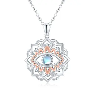 Lotus Eye Necklace for Women Moonstone Evil Eye 925 Sterling Silver Lotus Necklace Lotus Flower Charm Jewelry for Birthday Halloween for Women