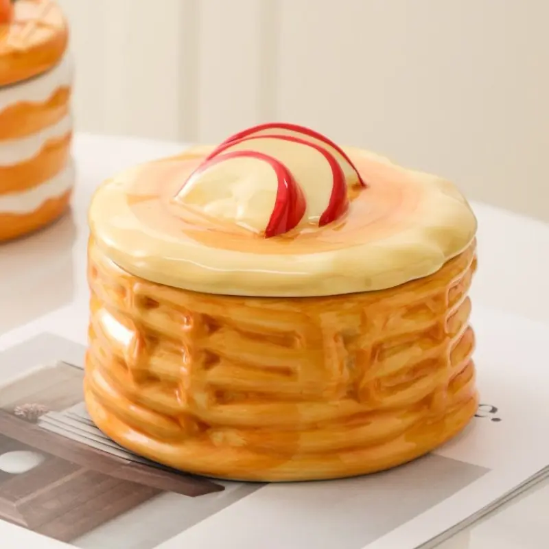 1Pc Ceramic Storage Jar, Orange Waffle & Apple Cake Design, Decorative Canister with Lid for Dried Fruits, Snacks, Candies & Small Accessories, Creative Home Ornament & Ideal Gift
