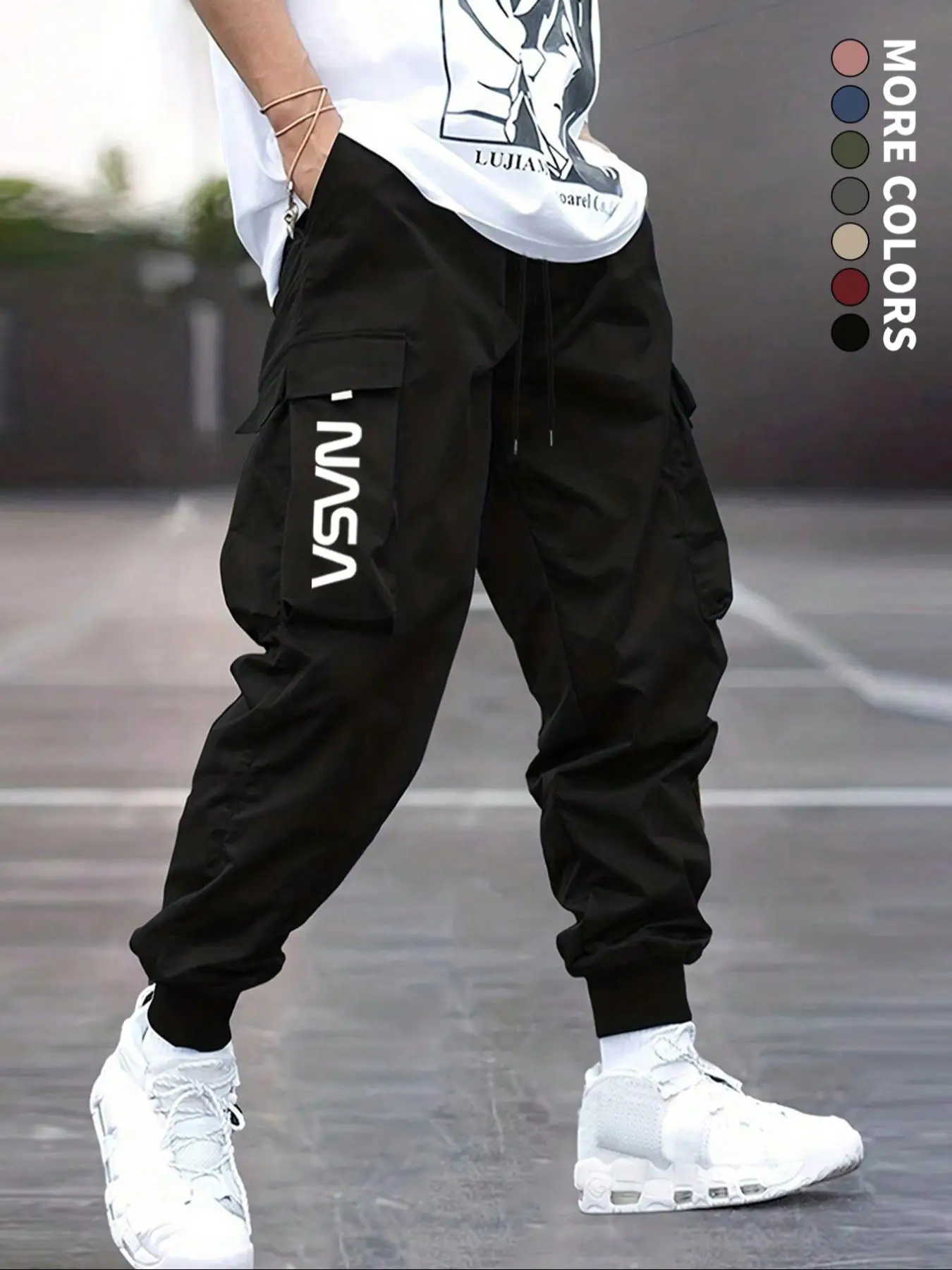 Men's Letter Print Flap Pocket Cuffed Cargo Pants, Regular Fit Casual Street Fashion Drawstring Waist Trousers for Outdoor Wear, Men's Bottoms for All