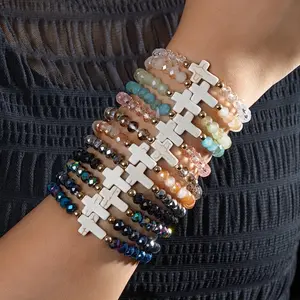 12Pcs Vacation Style Glass Bead Charm Cross Bracelet Multi-Pack Elastic Line Bracelet Set Suitable for Daily Vacation Wear and Gifting, Best for Christmas