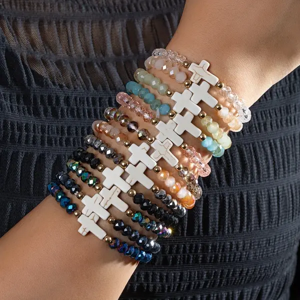 12-Piece Stackable Bracelet Set for Women, Vacation Style Glass Bead Jewelry with Cross Charms, Elastic Cords for Daily Wear & Gifting, Stackable Bracelets, Jewelry Bracelet