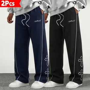 Men’s Star Print Joggers (Pack of 2) — Street-casual wide-leg long pants featuring side stripes and trendy prints, with a drawstring elastic waistband; suitable for everyday training, fitness, and streetwear styling., Baggy Sweatpants, Polyester Fabric, R