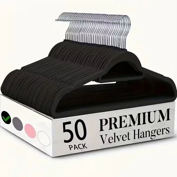 50-Pack Luxury Velvet Metal Hook Hangers & Pegs, Anti-Slip Notched Shoulder No Shed Design, Heavy-Duty Plastic-Reinforced Structure, 360° Rotatable Hook, Slim Space-Saving Closet Organizer for Coats, Suits, Jumpers