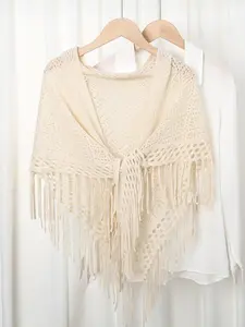 1 Piece Women's Autumn Winter Knitted Fringe Triangle Scarf Shawl Wrap Two-Piece Set, Fringe Trim Shawl, Casual Style, Boho Style Shawl, Moderate Thickness Fabric, Non-Sensitive Good