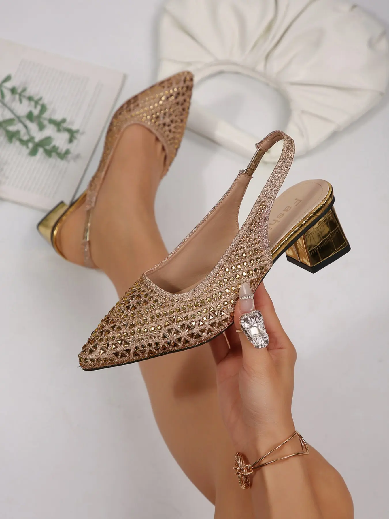Women's High Heel Sandals, Fashionable Heeled Sandals, Rhinestone Hollow Out Pointed Toe, Back Strap Thick Heel, Breathable Mesh, Versatile Party & Office Shoes, Pointy Toe