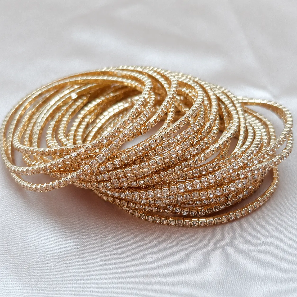 3-Piece Gold Rhinestone Stretch Bracelet Set | Stackable Crystal Bangles for Women | Elegant Layered Jewelry