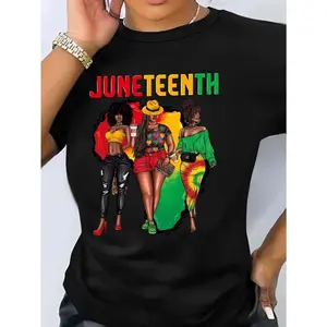 Women’s Casual Juneteenth Tee – Black with "JUNE TEENTH" Print, Bright Fist Graphic, Machine Washable