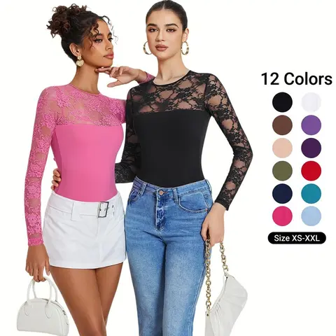Avidlove Lace Long Sleeve Bodysuit for Women Crew Neck Body Suits Slimming Going Out Concert Tops Fall Outfits Womenswear Seamless Gifts