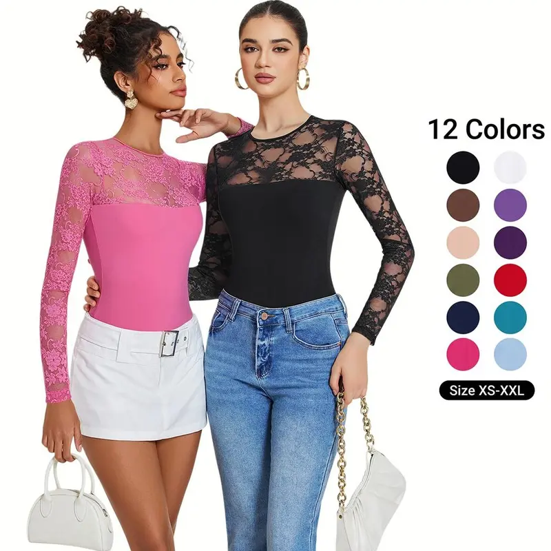 Avidlove Lace Long Sleeve Bodysuit for Women Crew Neck Body Suits Slimming Going Out Concert Tops Fall Outfits Womenswear Seamless Gifts