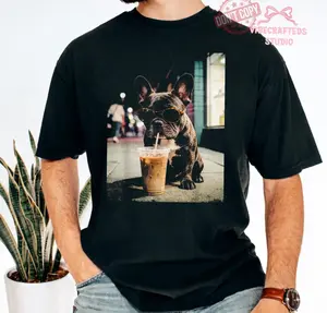 French Bulldog Iced Coffee Shirt, Funny Dog Coffee Lover Tee, Grunge Frenchie Graphic Shirt, Trendy Aesthetic Dog Tee, Comfort Colors Shirt