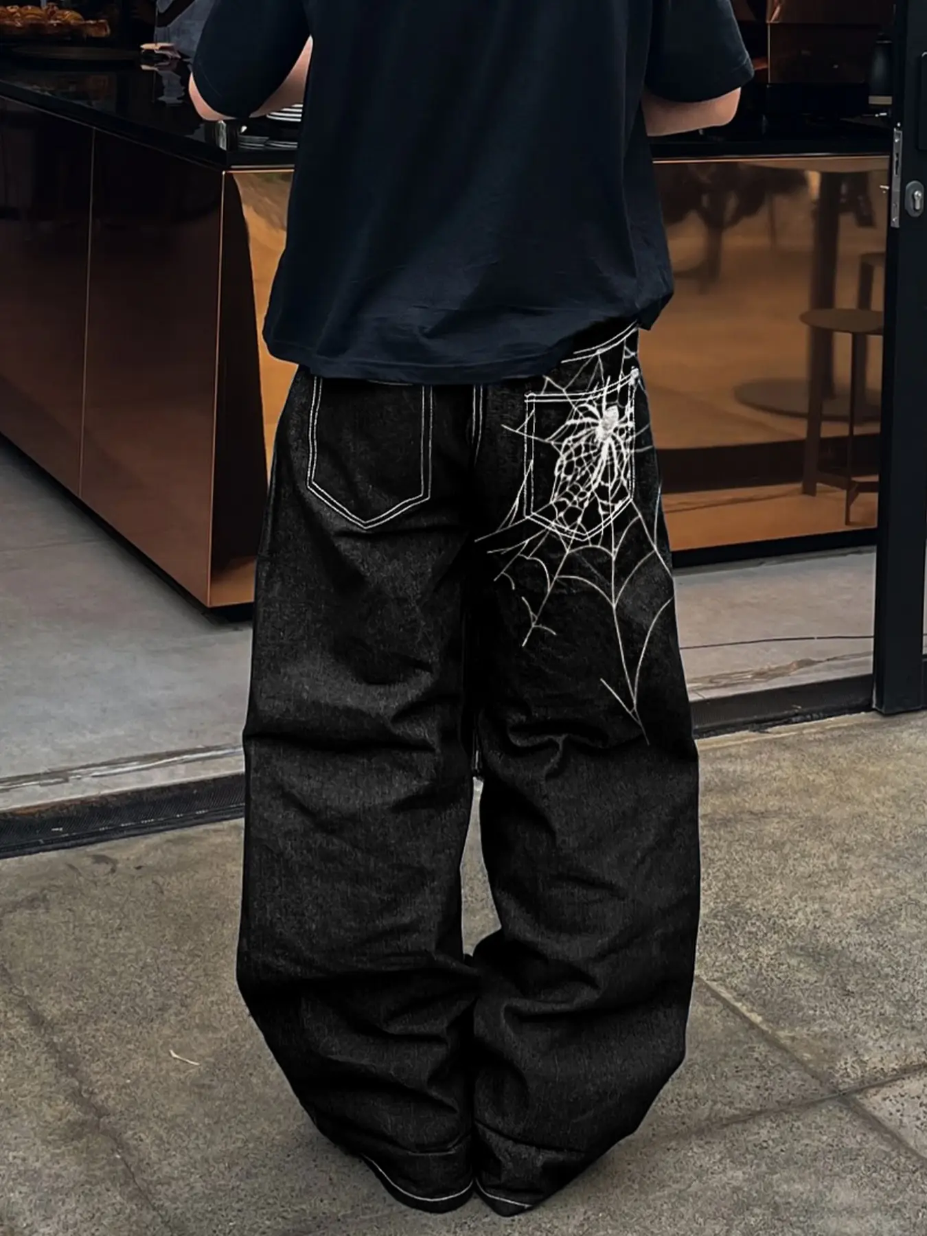 Vintage Washed Rock Style Streetwear Loose Fit Spider Embroidered Denim Jeans, Casual All-Season Wear, Perfect Gift for Husband or Boyfriend