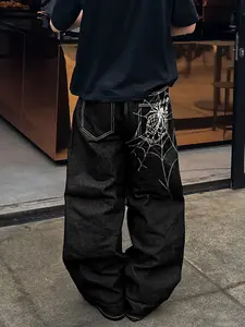 Men's Loose Fit Embroidered Jeans, Pocketless Design, Zipper Fly Closure, Natural Waist Straight Leg Pants, Casual Fashion