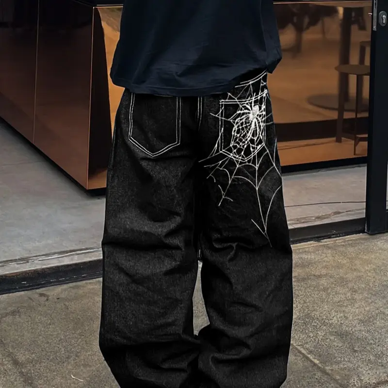 Y2K Streetwear Jeans, Spider Embroidery, Halloween, Vintage Wash, Rock Style, Loose Fit, Floor Length, Casual, Gift for Him