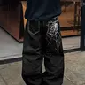 Y2K Streetwear Jeans, Spider Embroidery, Halloween, Vintage Wash, Rock Style, Loose Fit, Floor Length, Casual, Gift for Him
