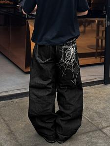 Men's Loose Fit Embroidered Jeans, Pocketless Design, Zipper Fly Closure, Natural Waist Straight Leg Pants, Casual Fashion