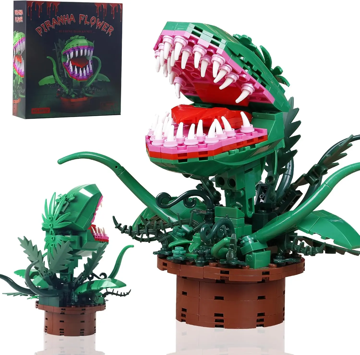 343-Piece Man-Eating Flower Interlocking Building Block Set - Unisex TV Movies Themed DIY Building Set with Movable Mouth Plastic Bricks, Creative Play Learning Educational Gift for Halloween, Christmas (Buildable Block Plants & Trees Category)