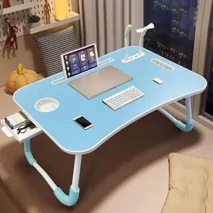 Christmas gift - Laptop Bed Desk, Folding Lap Desk with 4 USB Ports, Wind Fan, LED Light, Cup Holder and Side Drawer for Working, Reading, Writing, Eating on Bed, Sofa, Floor