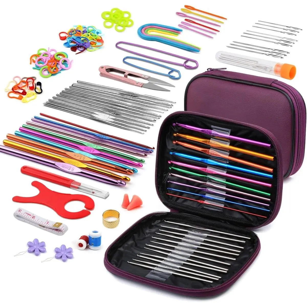 Crochet Hooks Set, Crochet Hooks with Storage Case, Ergonomic Knitting Needles Blunt Needles Stitch Marker DIY Hand Knitting Craft Art Tools for Beginners